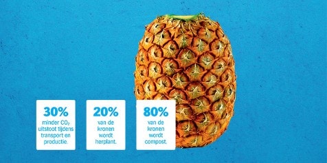 Ananas met informatie over duurzaamheid: 30% minder CO₂-uitstoot tijdens transport en productie, 20% van de kronen wordt herplant, 80% wordt compost.