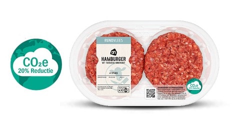 AH Hamburger van rundvlees met CO2e 20% reductie label.