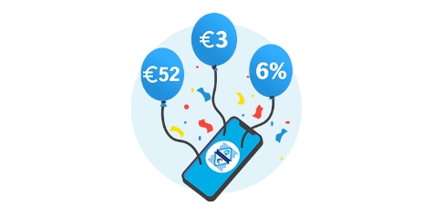 Illustratie van een smartphone met Albert Heijn logo, drie blauwe ballonnen met de teksten '€52', '€3' en '6%' en feestelijke confetti