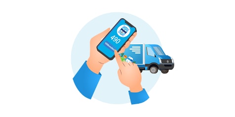 Illustratie van een hand die een smartphone vasthoudt waarop punten worden weergegeven, met op de achtergrond een Albert Heijn bezorgauto vol boodschappen.