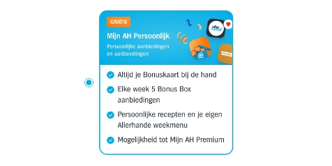 Promotie afbeelding voor 'Mijn AH Persoonlijk' met voordelen zoals Bonuskaart, Bonus Box aanbiedingen, persoonlijke recepten en Allerhande weekmenu.