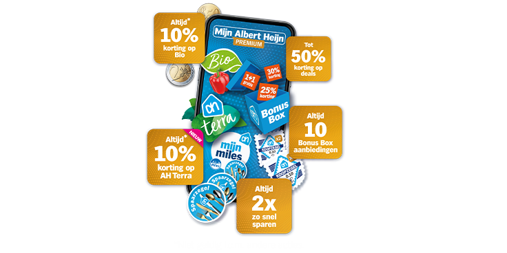 Mijn Albert Heijn Premium aanbiedingen, met kortingen op Bio, AH Terra, deals tot 50% korting, en dubbel zo snel sparen met Bonus Box aanbiedingen.