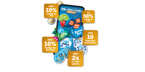 Mijn Albert Heijn Premium aanbiedingen, met kortingen op Bio, AH Terra, deals tot 50% korting, en dubbel zo snel sparen met Bonus Box aanbiedingen.
