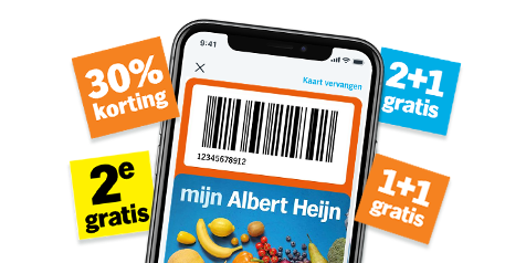 Afbeelding van een smartphone met een Albert Heijn bonuskaart en barcode, omringd door kortingslabels zoals "30% korting", "2e gratis", "2+1 gratis" en "1+1 gratis".