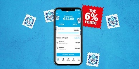 Sparen met koopzegels bij Albert Heijn op een smartphone met tot 6% rente.