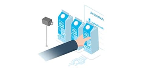 Illustratie van drie pakken melk met een hand die ernaar wijst, in de omgeving van een beveiligingscamera.
