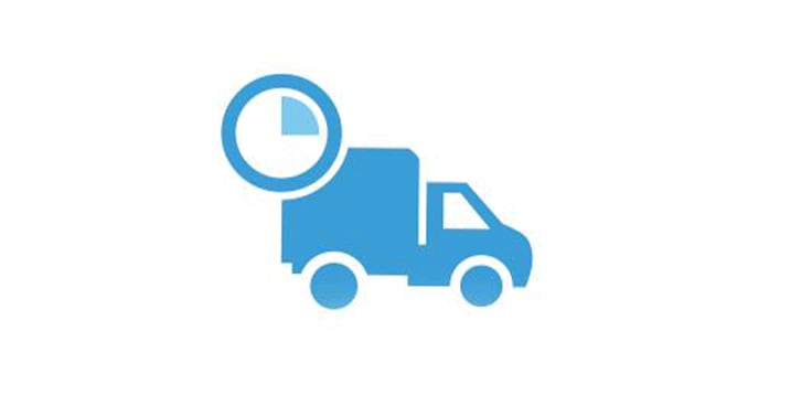 Blauw pictogram van een vrachtwagen met een klok, die tijdsgebonden levering of bezorgingsdienst symboliseert.