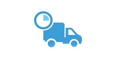 Blauw pictogram van een vrachtwagen met een klok, die tijdsgebonden levering of bezorgingsdienst symboliseert.