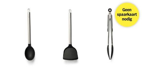 Keukengerei met opscheplepel, spatel en tang, met tekst "Geen spaarkaart nodig".