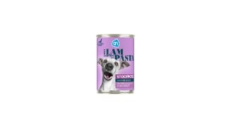 Blik AH hondenvoer stoofpotje met lam, groenten en pasta voor middelgrote en grote honden.