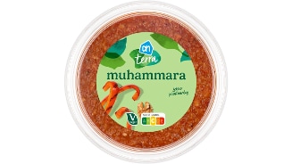 AH Terra muhammara spread in een ronde plastic verpakking, met etiketten voor vegan, nutri-score A en de tekst 'lekker plantaardig'