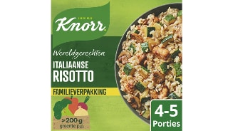 Knorr Italiaanse Risotto wereldgerecht familieverpakking, verpakking toont risotto met groente zoals courgette en champignons, geschikt voor 4-5 porties