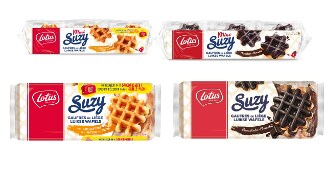 Vier verpakkingen Lotus Suzy Luikse wafels, twee naturel en twee met chocolade, in verschillende formaten.