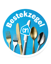 Albert Heijn bestekzegel met diverse bestekstukken op een blauwe achtergrond.