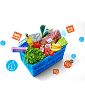 Winkelmand met diverse producten zoals sla, brood, bananen, melk en promotie-aanbiedingen, waaronder "1+1 gratis" en "2e product 50% korting".