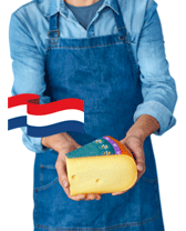 Nederlandse kaas in de handen van een persoon met een blauw schort en een Nederlandse vlag-icoon.