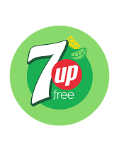 Logo van 7UP Free met citroenschil en limoenpartjes, op groene achtergrond.