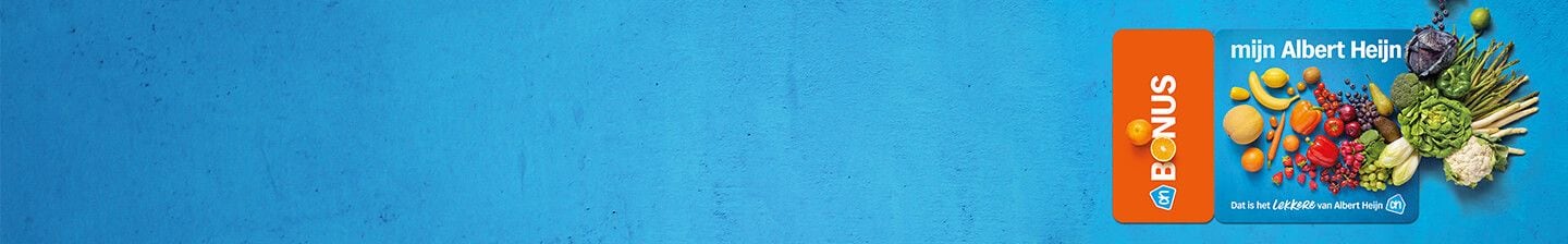 Albert Heijn Bonuskaart met groenten en fruit op een blauwe achtergrond