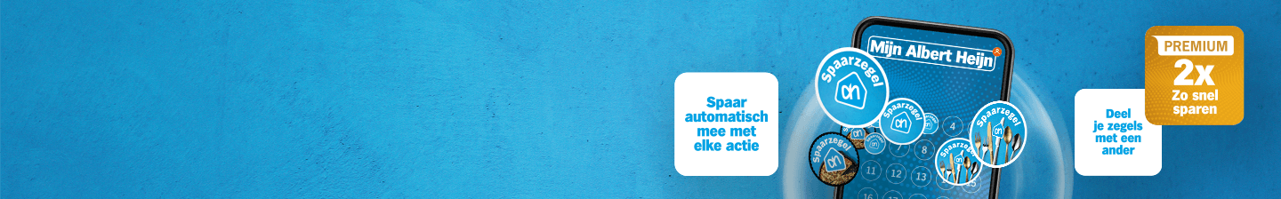 Afbeelding van een spaaractie op een smartphone met de tekst "Spaar automatisch mee met elke actie" en "Deel je zegels met een ander" van Mijn Albert Heijn.