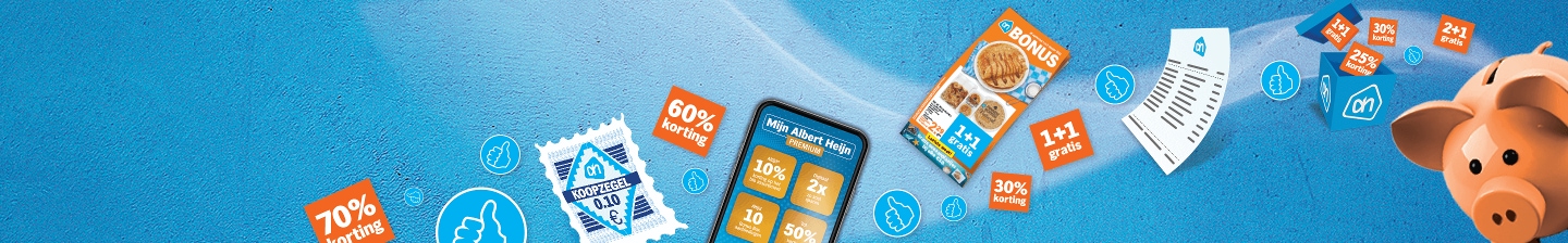 Albert Heijn acties en kortingen illustratie met koopzegel en bonusaanbiedingen zoals 1+1 gratis en 60% korting