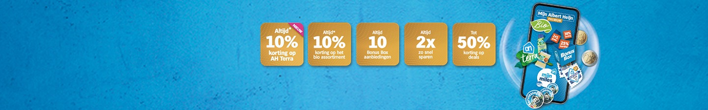 Promotie van Albert Heijn met kortingen zoals 10% op AH Terra en bio assortiment, en tot 50% korting op deals.
