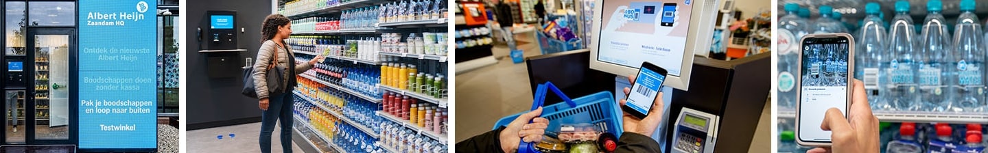 Entree van de Albert Heijn testwinkel in Zaandam HQ met kassaloos winkelen, inclusief schappen met dranken en mobiele app voor zelfscan.
