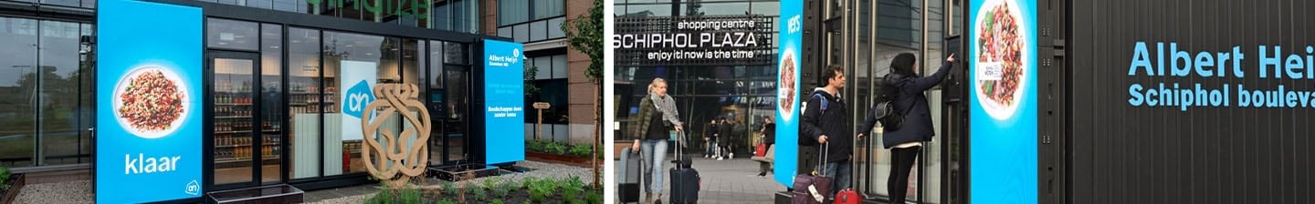 Albert Heijn to go locatie op Schiphol Boulevard met reclamebord voor kant-en-klare maaltijd.