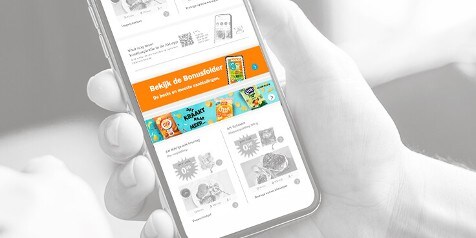 Smartphone waarop de Albert Heijn app met de Bonusfolder geopend is.