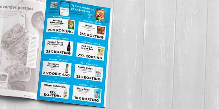 Kortingcoupons voor diverse producten bij Albert Heijn, inclusief merken zoals Melitta, Nakd, Passoã, Pickwick, Teisseire, Kettle Chips, HG, en Hero Baby.