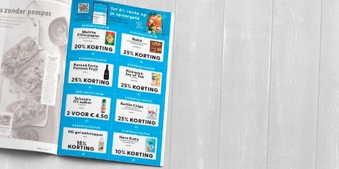 Kortingcoupons voor diverse producten bij Albert Heijn, inclusief merken zoals Melitta, Nakd, Passoã, Pickwick, Teisseire, Kettle Chips, HG, en Hero Baby.