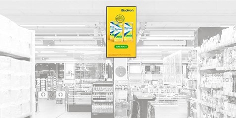 Bisolvontabletten promotieposter in de supermarkt