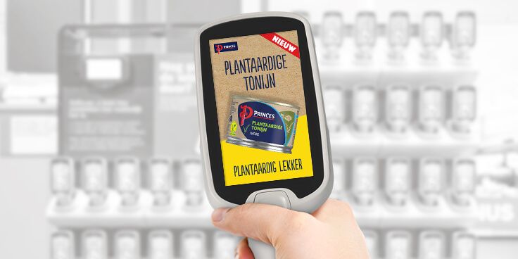 Nieuw product van Princes: Plantaardige tonijn in een blik, weergegeven op de handscanner.