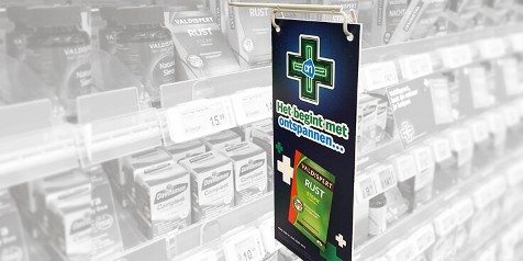 Promotiebord voor Valdispert Rust Extra bij Albert Heijn schap.