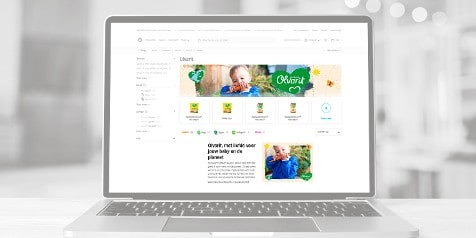 Olvarit product selectie op laptop scherm met marketingtekst en logo zichtbaar.