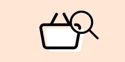 Winkelmandje-icoon met vergrootglas op een beige achtergrond