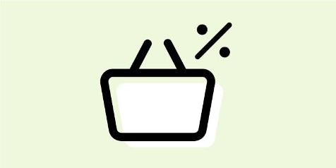 Pictogram van een winkelmandje met een procentteken, symbool voor korting of aanbieding.