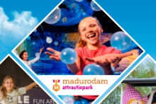 Promotiebeeld van Madurodam attractiepark met spelende kinderen en bellen.