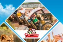 Pretpark dieren en attracties van Slagharen met logo op de voorgrond.