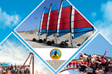 Collage van strandzeilen, een achtbaan en een attractiepark, met blauwe lucht op de achtergrond.