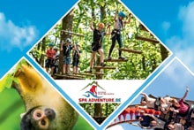 Collage met mensen op een klimparcours in het bos, een aap en een attractie in een pretpark, met in het midden het logo van Spa Adventure.