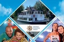 Collage van een rondvaartboot op water, een familie die lacht, en een vrouwelijke atleet met supporter, met in het midden het logo van Rederij Opaalstar Veipat.
