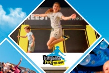 Kinderen springen op trampolines in een trampolinepark, met het logo van Trampoline Park VRUM Jump zichtbaar op de voorgrond.