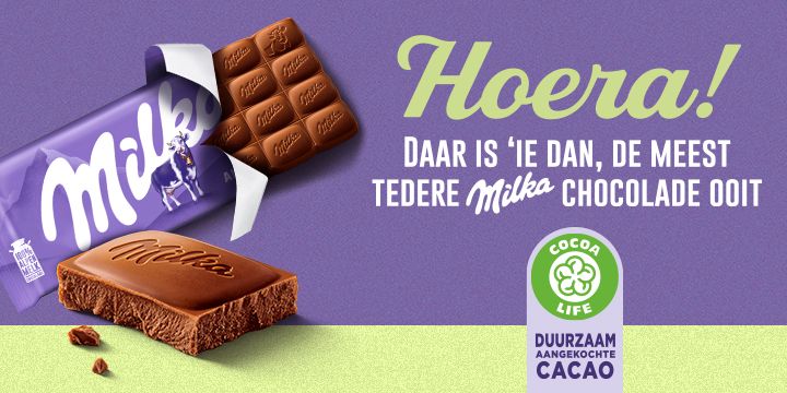 Met een nieuw design, een afgeronde vorm en meer cacao, smaakt de heerlijk tedere Alpenmelkchocolade van Milka nu nóg romiger en intenser. Gemaakt met duurzaam aangekochte cacao en daarmee teder voor jou én voor de wereld. Heb jij al de verschillende smaken geproefd?