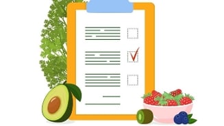 Illustratie van een boodschappenlijst met avocado, kiwi, bessen en een kom aardbeien.