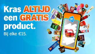 Kras altijd een gratis product bij elke €15 bij Albert Heijn, omringd door voorbeelden van gratis producten.
