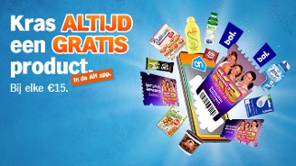 Kras altijd een gratis product promotie van Albert Heijn bij elke €15 met afbeeldingen van A-merk producten zoals Bol.com cadeaubon, Activia, Zwitsal, Philadelphia en Lay’s, en een smartphone met AH app op blauwe achtergrond