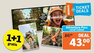AH Ticket Deals promotie voor Adventure Valley, met een aanbieding van 43 euro voor een Adventure Pass vanaf 110 cm, inclusief 1+1 gratis actie.