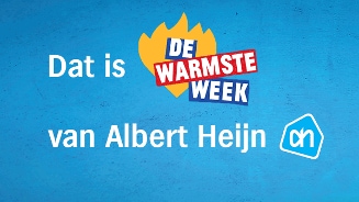 Promotie voor 'De Warmste Week' van Albert Heijn met het logo en blauwe achtergrond.