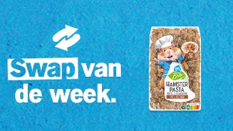 Promotieafbeelding van de AH Bio Hamster Pasta volkoren met een cartoon hamster en de tekst 'Swap van de week' op een blauwe achtergrond