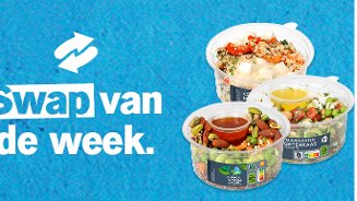 Swap van de week promotie met drie verschillende Albert Heijn maaltijdsalades: couscous, quinoa noten en peulvruchten geitenkaas